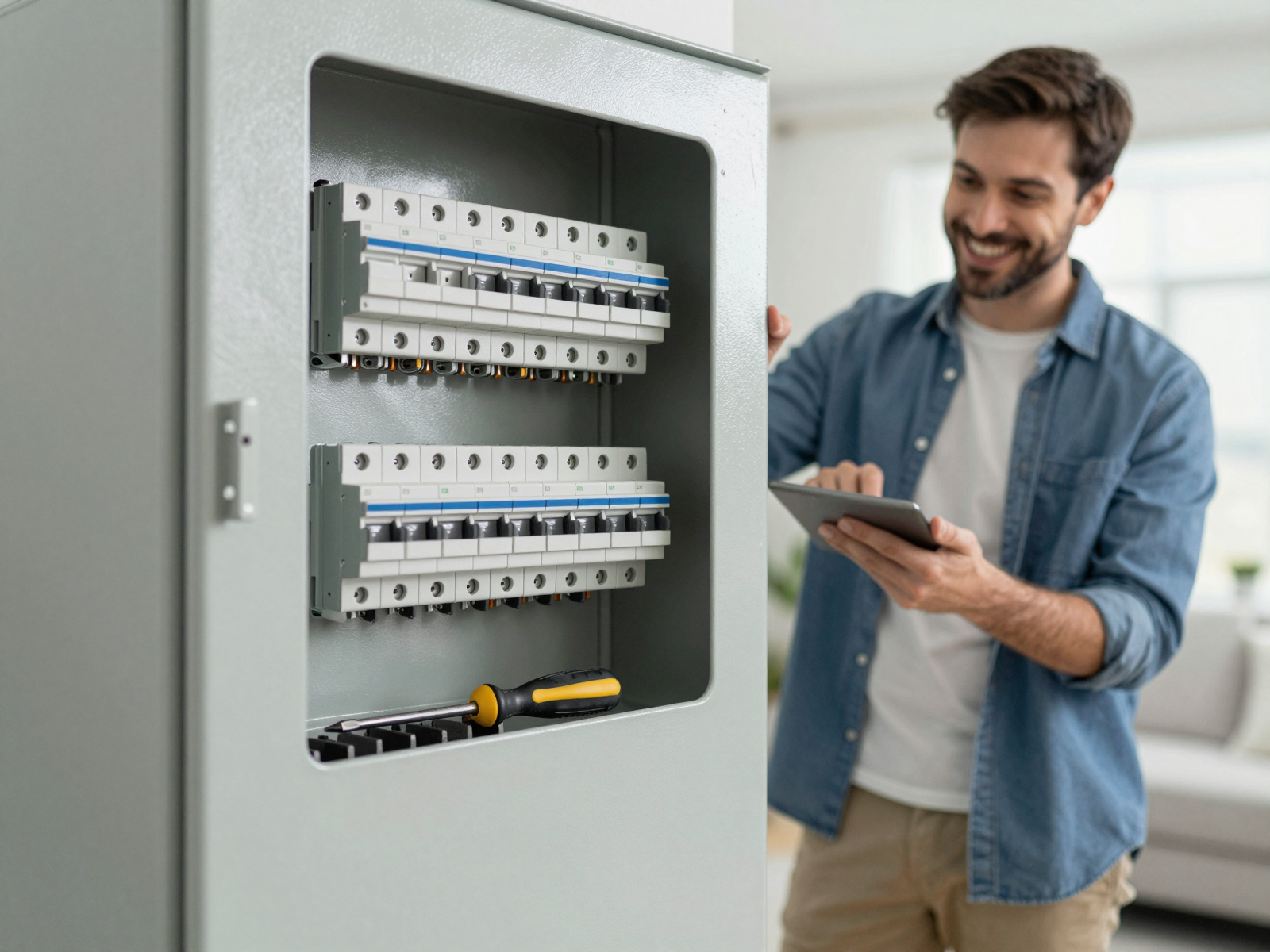 Installed electrical panel with labeled breakers